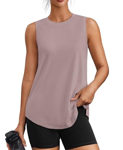 PINSPARK Workout Tops for Women Sleeveless Athletic Tank Tops UPF 50+ Running Tanks with Side Slits Loose Fit Gym Yoga Shirt, Warm Ash Grey, X-Large