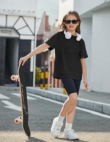Arshiner Short Sleeves Tops for Teen Girls Crewneck Blouses Oversized Shirts for Girls Cute Black Kids Clothes with Pocket 11Years — view 2