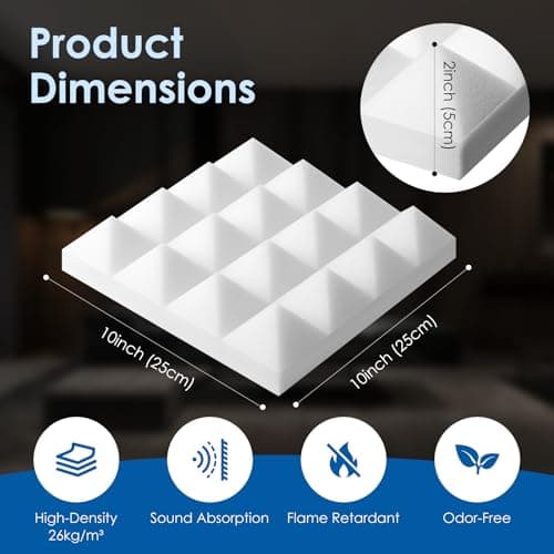 Arrowzoom 24 Pack Sound Proof Panels – High Density Pyramid Acoustic Foam 25x25x5cm for Studio, Office & Home, Noise Reduction Wall Panels, Fire Retardant – Pearl White 1034 — view 2