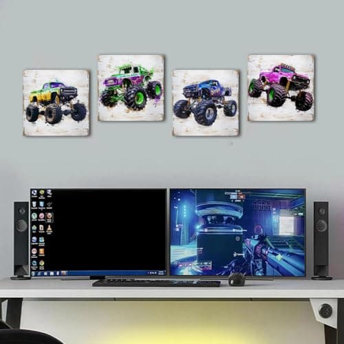 Monster Truck Canvas Wall Art for Boys Room Decor Vintage Car Posters Kids Wall Art, Trucks Poster for Boys Bedroom Playroom Watercolor Vehicle Wall Decor Nursery Paintings Children Gifts 12×12" 4 Pcs — view 2