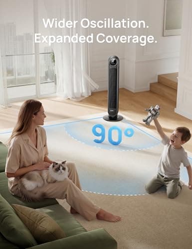 DREO Tower Fan for Bedroom, 2026 Upgraded DC Motor, 28ft/s High Velocity, 20dB Ultra Quiet Standing Fan, 8 Speeds 4 Modes, 90° Oscillating Bladeless Fan for Indoors, Floor Fans with Remote, Black — view 3