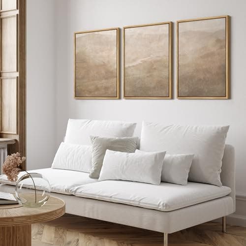 SIGNFORD Framed Canvas Print Wall Art Set Neutral Misty Mountain Landscape Minimal Earth Tone Illustrations Modern Art Relax/Calm for Living Room, Bedroom, Office - 24"x36"x3 Natural — view 2