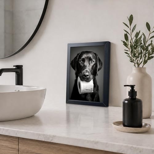 Black and White Bathroom Wall Art, Funny Labrador Dog Canvas Prints Poster, Cute Dog Chewing Toilet Paper Wall Decor, Modern Farmhouse Restroom Bathroom Home 8x10 Inch Framed — view 2