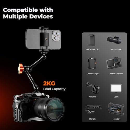 K&F CONCEPT 9.8" Magic Arm Clamp with Phone Holder, 360° Ball Heads Camera Arm Mount for Phone/LED Lights/Monitor/Flash/Microphone/DSLR Camera — view 3