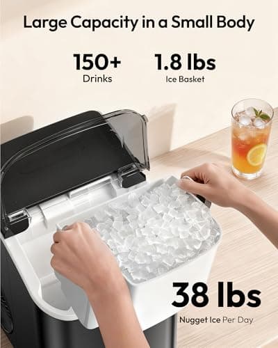 EUHOMY Nugget Ice Maker Countertop with Handle, Ready in 6 Mins, 38lbs/Day, Removable Top Cover, Self-Cleaning, Portable Chewable Ice Maker with Basket, Scoop, for Home/RV/Party/Camping (Black) — view 2