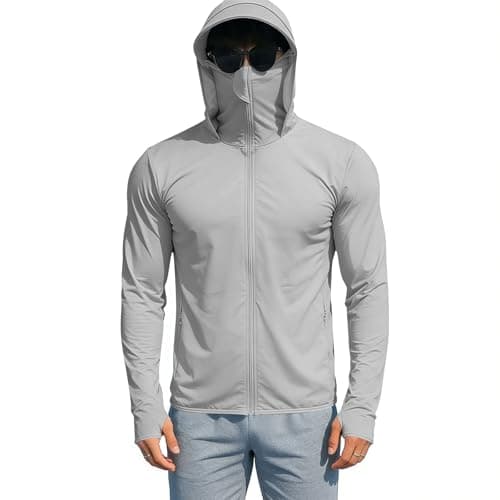 Sun Protection Fishing Shirts for Men UPF 50+ Long Sleeve Hoodie with Face Mask UV Rash Guard Quick Dry Hiking Shirt Full Zip Jacket Gray