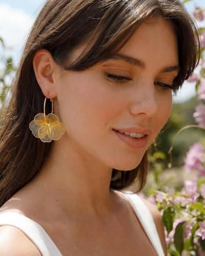 FAUTHENTICUTE Gold Flower Dangle Earrings for Women Big Lightweight Floral Statement Earrings With Thin Gold Hoop Trendy Boho Jewelry Gifts For Spring and Summer — view 2