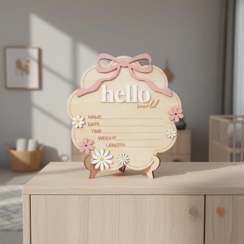 TTMerriwood Hello World Wooden Baby Birth Announcement Sign with Pink Bow, Cloud Shape Floral Newborn Name Date Time Weight Length Board, Baby Girl Nursery Photo Prop (Light Pink) — view 8