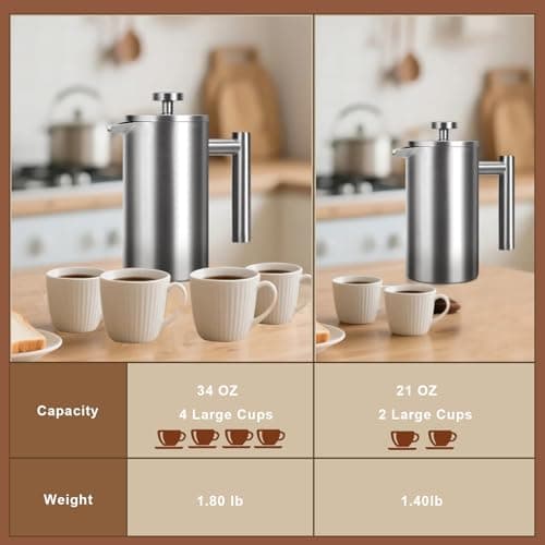 French Press 34 oz, Full Stainless Steel French Press Coffee Maker 4 Cups — view 5