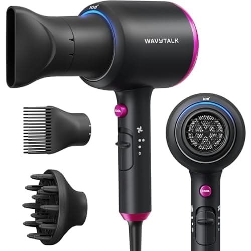 Wavytalk Hair Dryer with Diffuser, Blown Away Ionic Hair Dryer for Curly Hair with Comb, 1875W Fast Drying Blow Dryer with Ceramic Technology, 3 Attachments for All Hair Types, Light and Quiet, Black