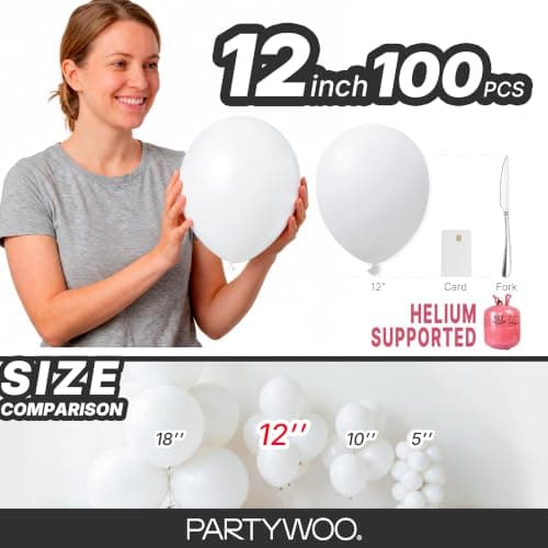 PartyWoo White Balloons 100 pcs 12 Inch Latex Helium Pastel White Balloons for Wedding Baby Shower Birthday Bridal Shower Graduation Engagement Princess Anniversary Party Decorations White-Y13 — view 5