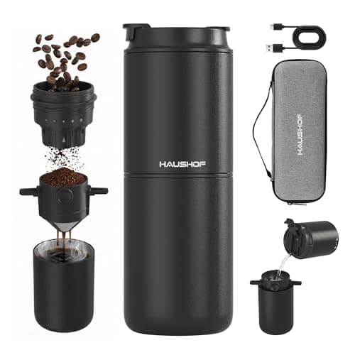 HAUSHOF Portable Electric Coffee Grinder, Travel Coffee Maker and Brewing Kit, Coffee Grinders for Home Use, Portable Pour Over Coffee Maker For Travel, Camping, Car