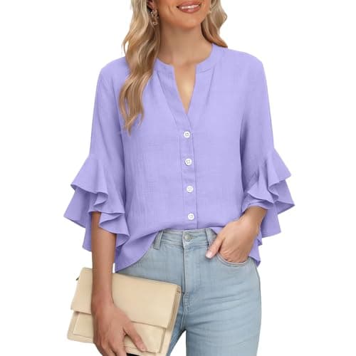 3/4 Ruffle Sleeve Cotton Linen Shirts for Women Dressy V Neck Beach Tunic Tops Elegant Summer Casual Work Blouses Purple — view 5