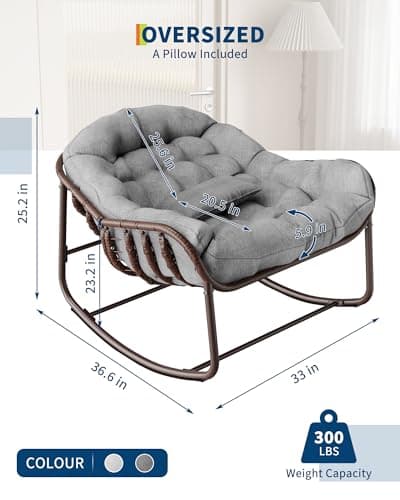 Garvee Oversized Outdoor Rocking Chair, Comfy Papasan Rocker, Egg Chair Rocker Fauteuil Bercant interieur for Patio, Garden, Bedroom, Porch, Lawn, Gray