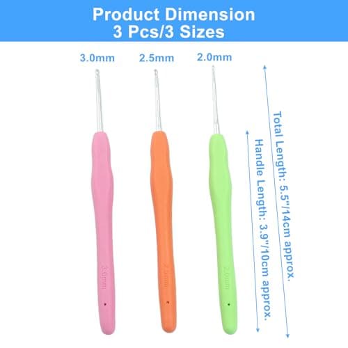 suiwotin 3pcs/Set 2mm/2.5mm/3mm Crochet Hook, Aluminum Crochet Hook Set, Rubber Handle Ergonomic Knitting Needles for Yarn DIY Crafts Projects