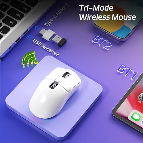 Uciefy Bluetooth Wireless Mouse, Tri-Mode (2.4G+BT5.0+BT5.1) LED Bluetooth Mouse, USB C Rechargeable with LED Screen Display, 2400 DPI Computer mice for Laptop/PC/Mac/iPad-White