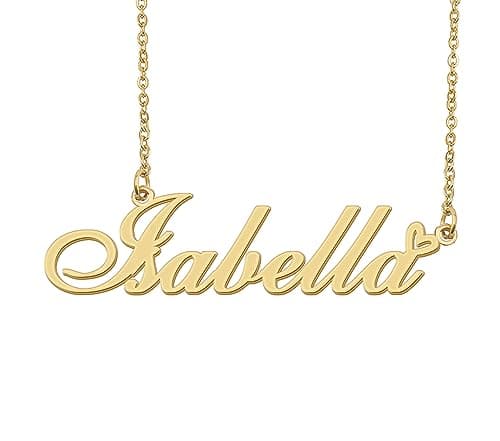 Aoloshow Isabella Name Necklace Heart Charm Pendant 18k Gold Plated Stainless Steel Jewelry for Womens Graduation