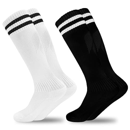 GRPSKCOS Kids Soccer Socks, 2 Pairs Sports Girls Boys Knee High Tube Socks Toddler Stripes School Uniform Stockings（#1 White+Black 3-6 Years）
