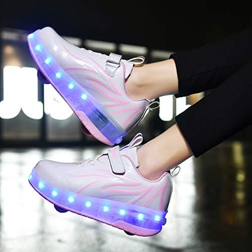HHSTS Kids Shoes with Wheels LED Light Color Shoes Shiny Roller Skates Skate Shoes Simple Kids Gifts Boys Girls The Best Gift for Party Birthday Christmas Day(1.5 Little Kid,White Pink) — view 4