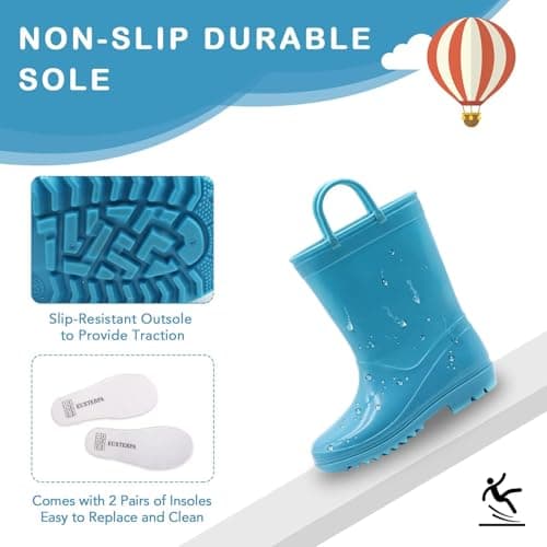 EUXTERPA Boys Girls Waterproof Rain Boots Kids Toddler Solid Color Boots with Easy On Handles, Blue, Little Kid Size 11 — view 2