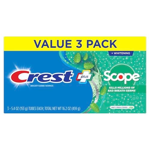 Crest + Scope Whitening Toothpaste - Pack of 3, 5.4 Oz Tubes - Anticavity Fluoride Toothpaste, Fresh Breath, Kills Germs - Tartar Protection, Enamel Protection - Minty Fresh Flavor — view 6