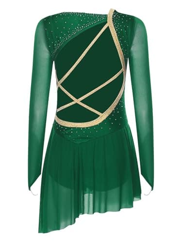 TSSOE Women Figure Skating Dress Long Sleeve Shiny Rhinestone Ice Skating Dress Ballet Dancewear Green Small — view 3