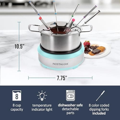 Nostalgia 8-Cup Electric Fondue Pot Set for Cheese & Chocolate - 8 Color-Coded Forks, Temperature Control - Kitchen Gadgets and Appliances for Hors d'Oeuvres and More - Aqua — view 3