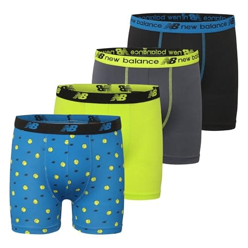 New Balance Boys and Toddler Boxer Briefs, Moisture Wicking Breathable Underwear, Tagless, Assorted (2 Performance/ 2 Mesh), Blue Oasis/Thirty Watt/Thunder/Black, Large