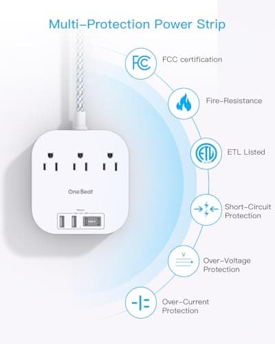 One Beat Power Strip with USB C, 3 Outlets 4 USB Ports, 10ft Braided Extension Cord, 22.5W Desktop Charging Station, Flat Plug, Non Surge Protector, Home Office Cruise Travel, ETL Listed, White — view 3