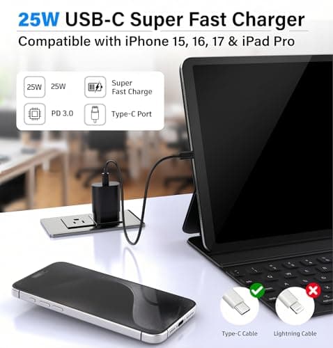 TT&C USB C Super Fast Charger 25W 2-Pack with Type-C Cable 6FT, USB C Block PD 3.0 PPS Adapter Compatible with Samsung Galaxy S26, S25, S24, S23 & iPhone 17/16/15 (Black) — view 5
