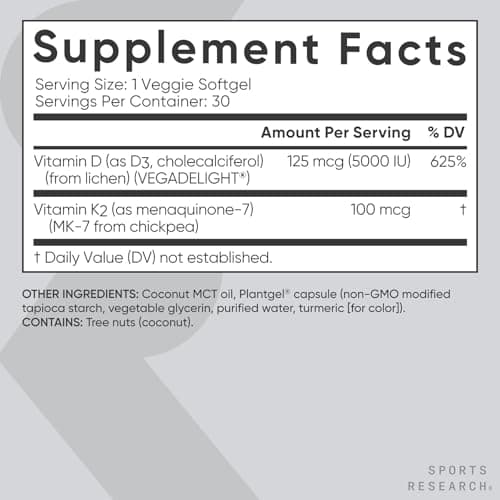 Sports Research® Vitamin D3 + K2 w/Coconut Oil - Vegan Vitamin D 5000iu (125mcg) & Mk7 Vitamin K 100mcg for Bone & Immune Support - Vegan Certified · Non-GMO · Soy Free - 30 Softgels — view 4