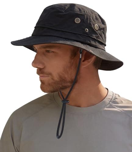 Hat Hut Mens Waterproof Bucket Rain Hat, UPF50+ Sun Hat, Wide Brim, Packable, All-Weather Outdoor Hiking Fishing Hats (CA/US, Alpha, One Size, Black)