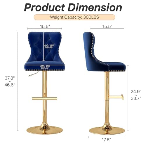 GOOLON Bar Stools Set of 2, Velvet Swivel Counter Height Stools with Tufted Back, Adjustable Seat with Nailheads Trim, Upholstered Bar Chairs with Gold Base for Kitchen Island, Pub, Blue — view 2