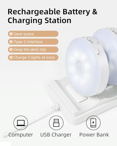EZVALO Under Cabinet Lighting with Charging Station, 1000mAh Rechargeable Puck Lights with Remote, 3 Color Temps & 12 RGB Closet Lights, Dimmable Motion Sensor Lights for Shelf, Kitchen (6 Packs) — view 5