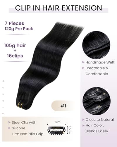LaaVoo Black Clip in Hair Extensions Black Hair Extensions Clip in Jet Black Human Hair Clip ins Extension Silky Straight Full Head 18 Inch 7pcs 105g