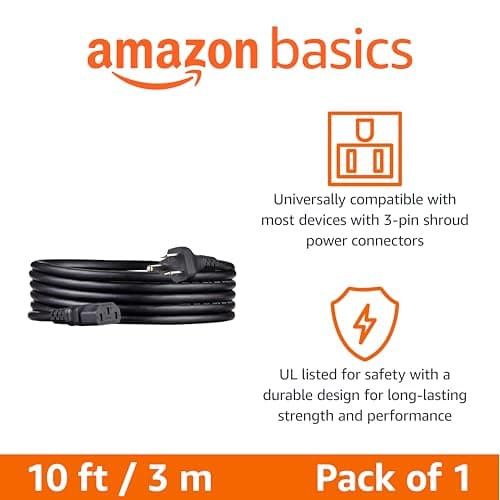 Amazon Basics Replacement Power Cord for Computer, Monitor, TV, Printer, PC, 3 Prong, 18 AWG, 125 Volts, 10 Feet, Black