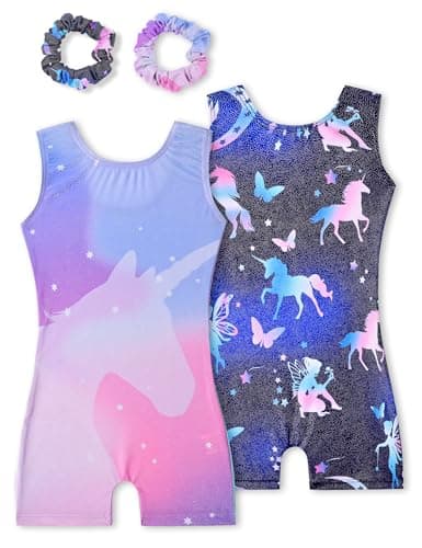 Tstiti Gymnastics Leotards for Girls 2 Pack Sparkly Kids Biketards Dance Unitards Matching Hair Scrunchies