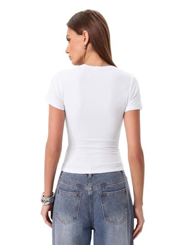 Danysu Cotton Crewneck T Shirts with Built in Bra Summer Short Sleeve Crop Tops for Women Nude Fitted Basic Tees White X-Large — view 5