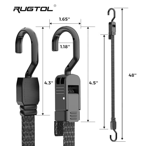 Rugtol Bungee Cords with Hooks, 48 Inch Adjustable Flat Bungee Straps with Quick Release Buckle, Rubber Black Heavy Duty Elastic Cords with Metal Hooks for Bike Rack, Outdoor, Camping, Tarp, 6 Pack — view 5