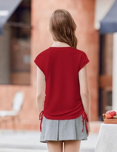 Arshiner Girls Summer Tops Trendy 2026 Ruched Cap Short Sleeve Tshirts Shirts Crew Neck T Shirts Red 9-10 Years — view 2