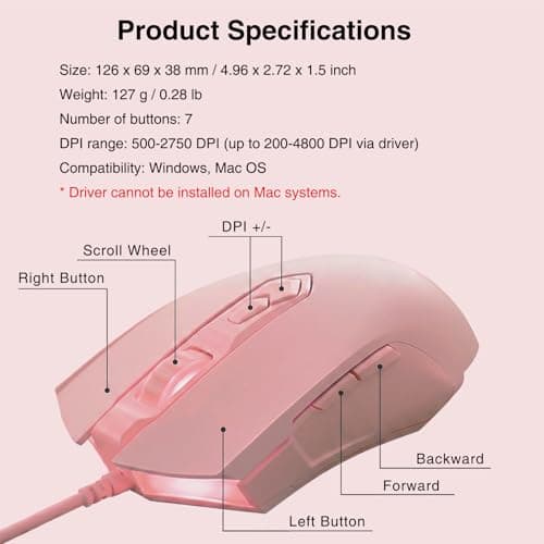 Lomiluskr AJ52 RGB Wired Gaming Mouse, 7 Programmable Buttons, Computer Mice with RGB LED Backlit, 200-4800 DPI Adjustable,for Windows/Mac OS/Linux (Pink) — view 5