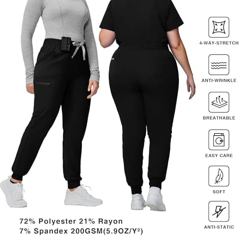 Kitmaz Scrub Pants for Women - Mid Rise 4-Way Stretch Anti-Wrinkle Slim Fit Jogger Pants, Drawstring & 5 Pockets(Black,M) — view 2