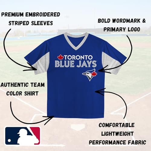 MLB Kids Youth Boys 4-18 Officially Licensed Team Color Primary Logo Baseball Fashion Top V-Neck Jersey, Toronto Blue Jays - Blue, 6-7 — view 3