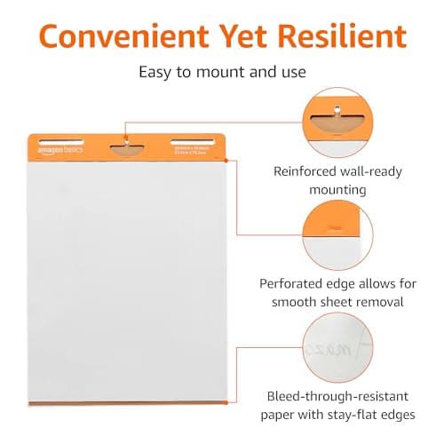 Amazon Basics Sticky Easel Pads for Presentations, Brainstorming, Classroom Use, Bleed-Resistant, Easy to Hang, 25 x 30 in, White, 2-Pack