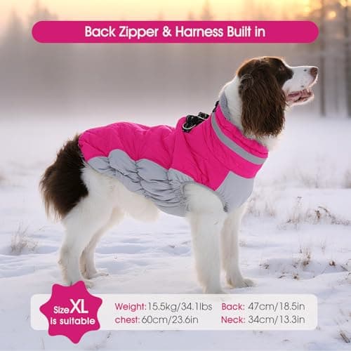 FUAMEY Dog Coat for Medium Dogs,Waterproof Dog Winter Jacket with Harness Built in Puppy Cold Weather Coats Reflective Pet Vest with Zipper Warm Fleece Dogs Snowsuit Windproof Pink M — view 5