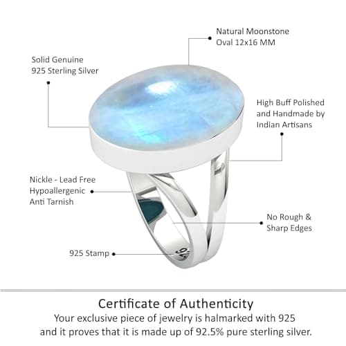 JEWELOPORIUM White Moonstone Silver Ring Size 8, 925 Sterling Silver Ring for Women, Genuine Chunky Oval Gemstone Boho Jewelry — view 3
