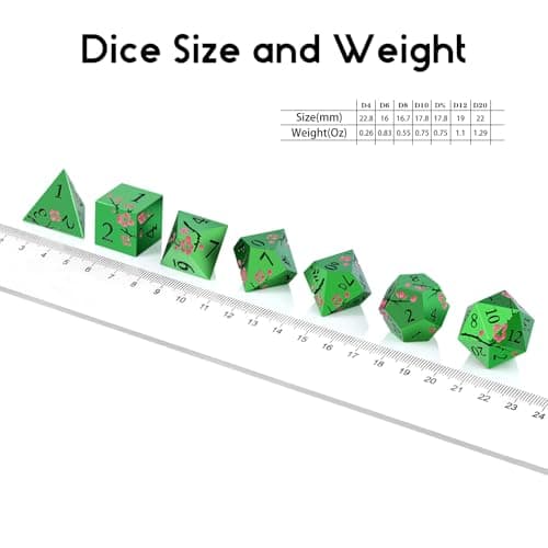 Matt Green Metal Dice Set, DNDND 7 PCS Heavy Metallic D&D Dice Set with Gorgeous Gift Case for Dungeons and Dragon Tabletop Game (Matte Green with Pink Flower) — view 4