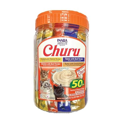 INABA Churu Cat Treats, Lickable, Squeezable Creamy Purée Cat Treat with Green Tea Extract & Taurine, 0.5 Ounces Each Tube, 50 Tubes, Beef & Cheese Variety