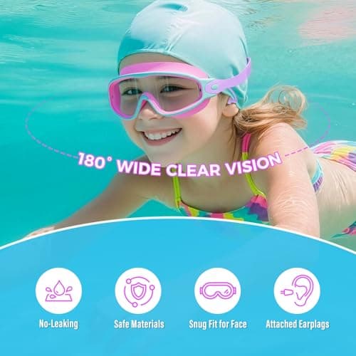 CMBJJU 3 Pack Swimming Goggles, Kid Goggles with Earplugs Large Frame Anti-Fog/UV Wide View Swim Goggles Boys Girls 6-14 (3PACK-Purple+Colorful Blue+Green-SG09)