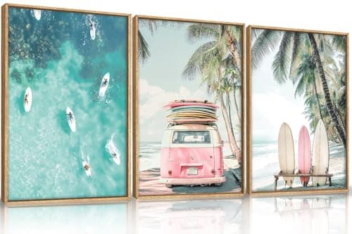 HPNIUB Summer Surfboard Beach Framed Canvas Wall Art Set,Modern Ocean Surfing Seascape Wall Decor,Coastal Bus Coconut Tree Wall Painting,Nature Botanical Art Prints for Living Room, Bedroom-16"x24"x3